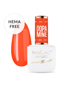 Butelka z lakierem hybrydowym NaiLac 7ml i tipsem pomalowanym kolorem neonowym pomarańczowym
