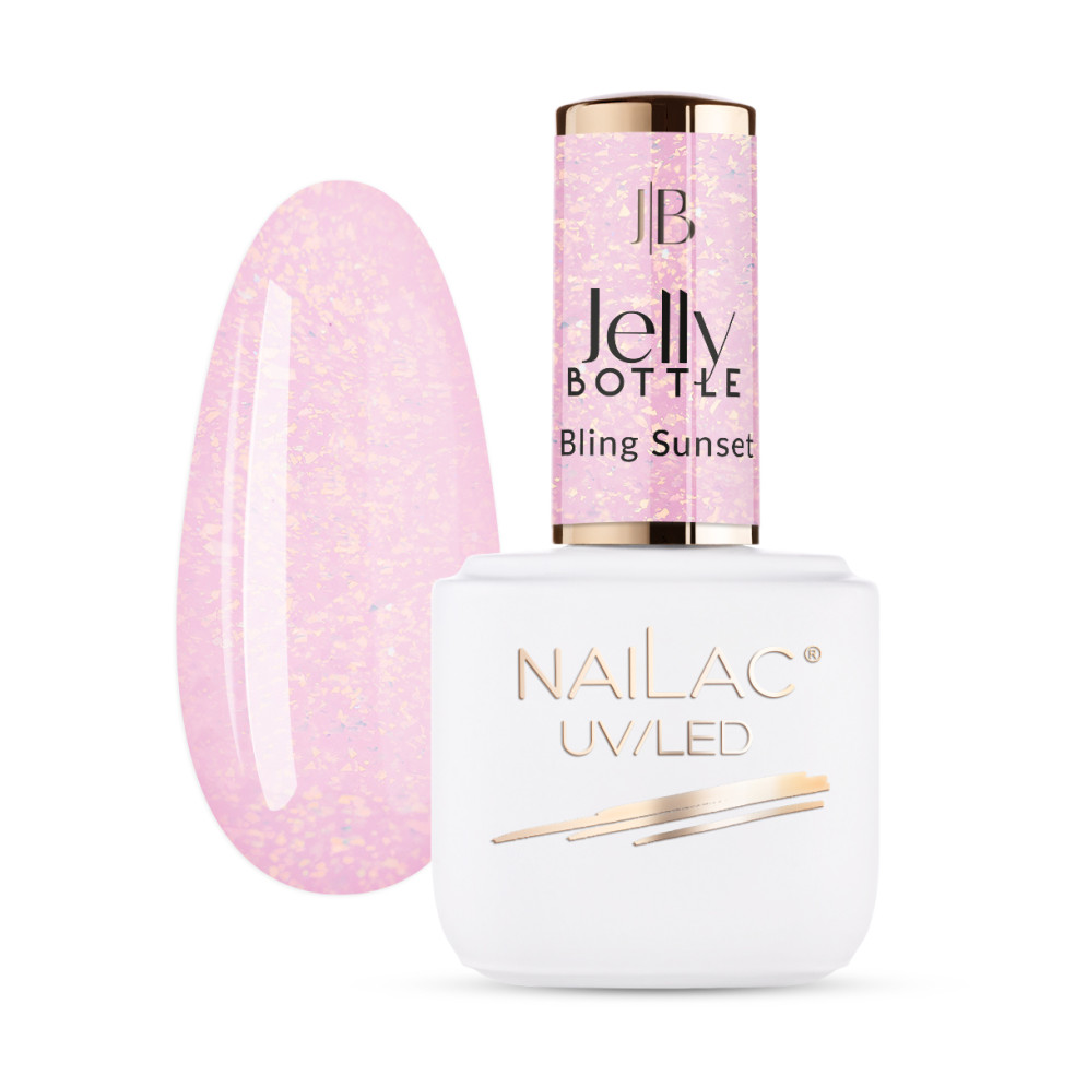 Butelka i tips pokryty żelem do przedłużania paznokci  Jelly Bottle Bling Sunset w kolorze ciepłego różu z drobinkami