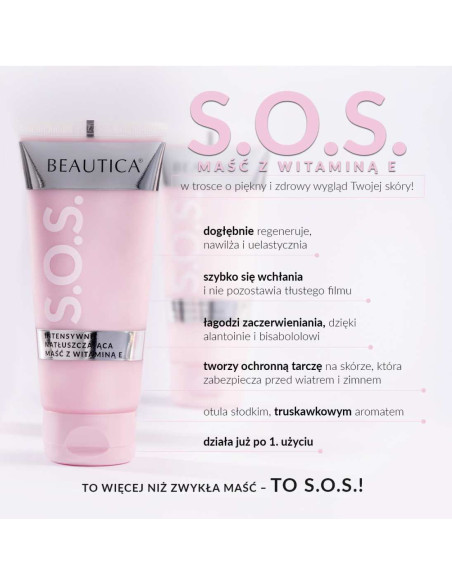 infografika prezentująca zalety stosowania maści S.O.S z witaminą E