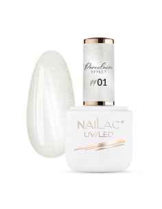 Butelka z lakierem hybrydowym i tipsem w pomalowanym lakierem cat eye Porcelain Effect w kolorze srebrnym