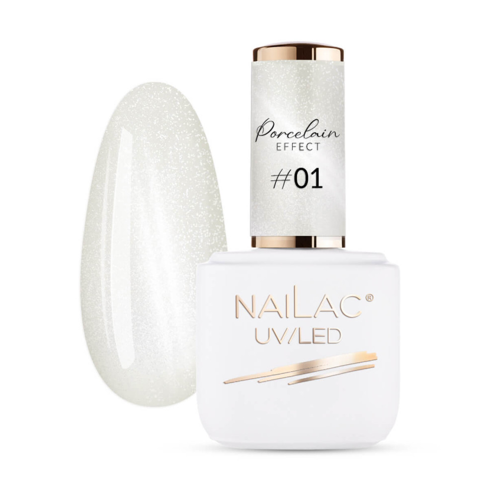 Butelka z lakierem hybrydowym i tipsem w pomalowanym lakierem cat eye Porcelain Effect w kolorze srebrnym