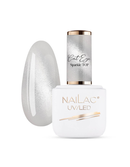 Butelka z topem hybrydowym efekt cat eye i tipsem pokrytym  srebrnymi magnetycznymi drobinkami Cat Eye Sparkle