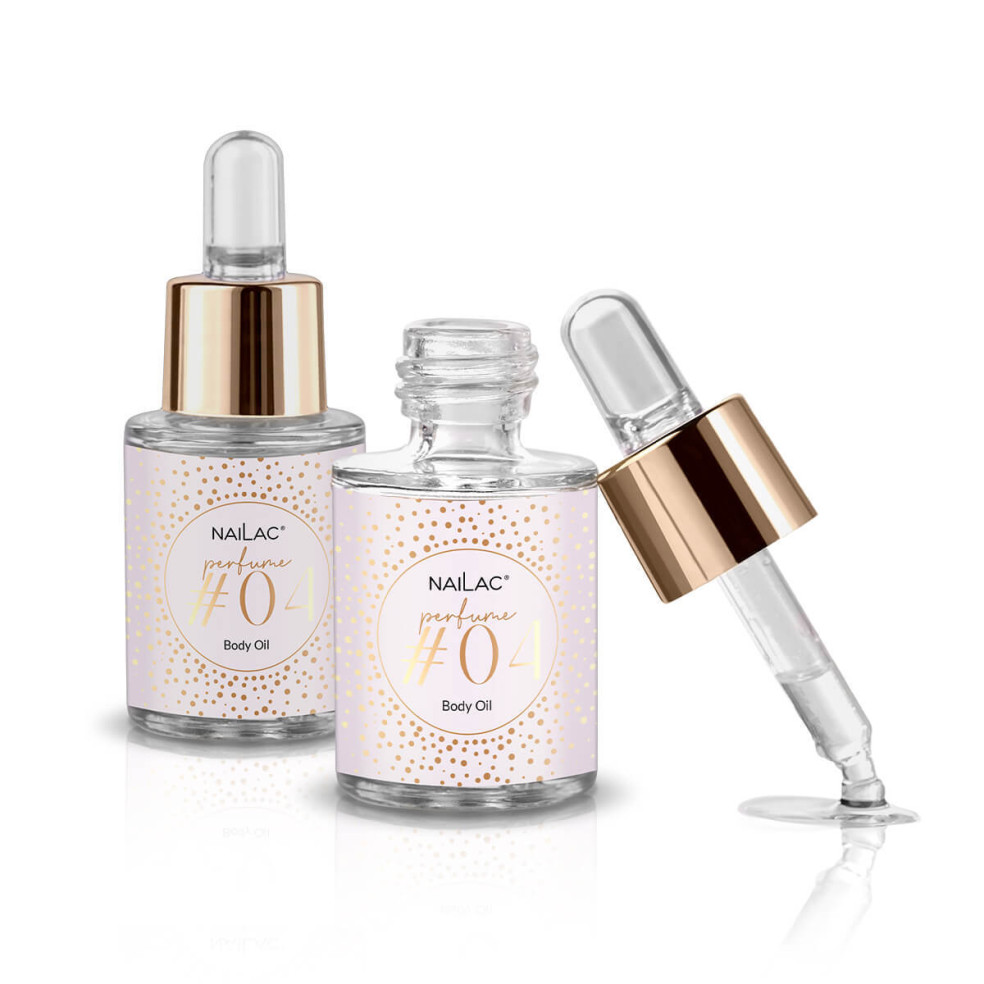 Dwie buteleczki z perfumowanymi oliwkami do skórek Nailac #04, jedna odkręcona z pipetką opartą o brzeg butelki