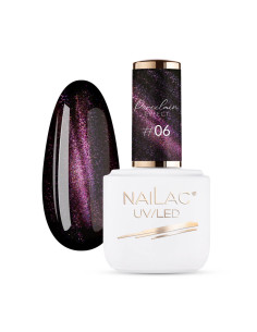 Butelka z lakierem hybrydowym i tipsem pomalowanym fioletowym lakierem cat eye Porcelain effect