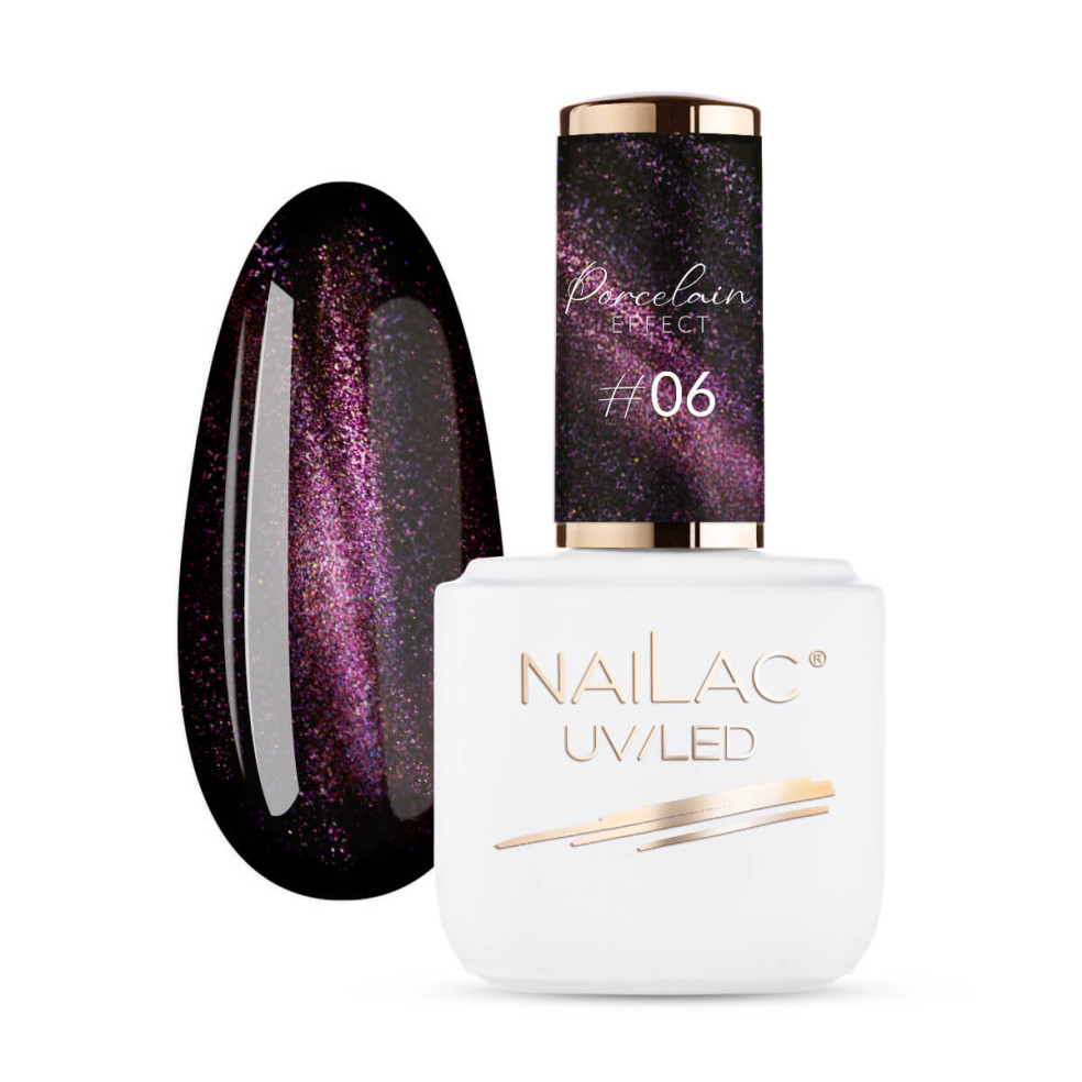 Butelka z lakierem hybrydowym i tipsem pomalowanym fioletowym lakierem cat eye Porcelain effect