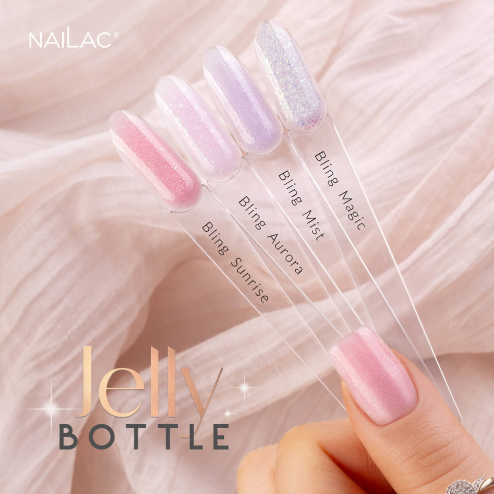 Wzornik przedstawiający różne odcienie żeli do przedłużania paznokci w butelce