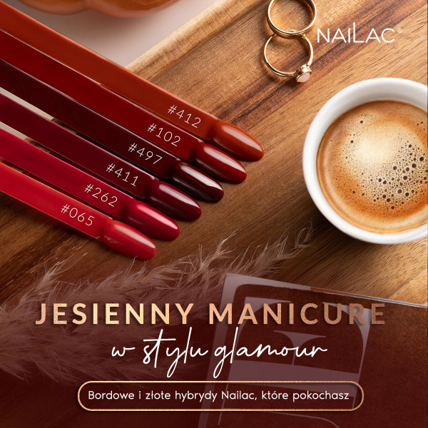 Jesienny manicure w stylu glamour – bordowe i złote hybrydy Nailac, które pokochasz